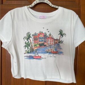 Pink Lily White Ribbed Cropped Tee